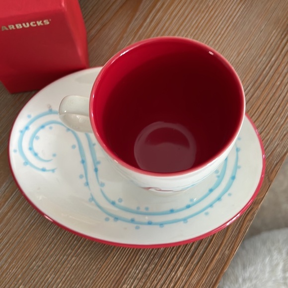 Starbucks Holiday Collectible w Penguin Skiing in Snow. Espresso Cup Saucer Set - Picture 2 of 6